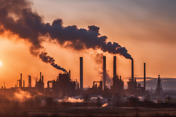 Industrial factory with smokestacks releasing thick smoke into the sky, set during the evening with a warm orange sunset in the background, casting long shadows over the scene.
