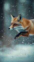 A majestic red fox leaps gracefully through a snowy forest, showcasing its vibrant fur against the winter backdrop.