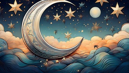 Whimsical Moonlit Sky with Stars, Clouds, and Waves in Serene Nighttime Fantasy Artwork