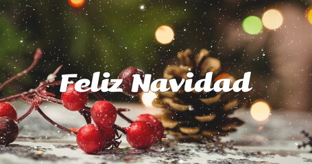 Image of feliz navidad text over snow falling with christmas decorations