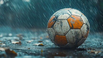 A muddy soccer ball sits on wet pavement during a heavy downpour.