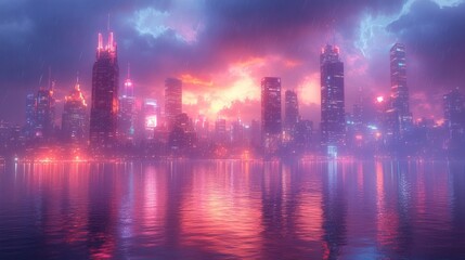 Fototapeta premium Rainy neon city skyline reflected in water.