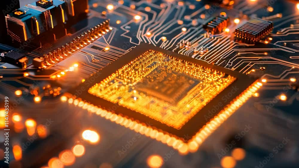 Poster closeup of a circuit board highlighting a processor chip surrounded by glowing connections and compo