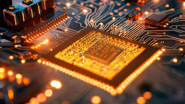 Closeup of a circuit board highlighting a processor chip surrounded by glowing connections and components, Closeup of a circuit board with a processor chip and glowing lights