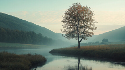 Fototapeta premium Morning mist envelops a serene river landscape with a solitary tree. 