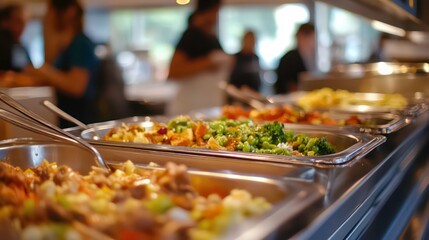 Buffet line with various dishes, including vegetables and meat, in stainless steel containers.  People are seen in the background.