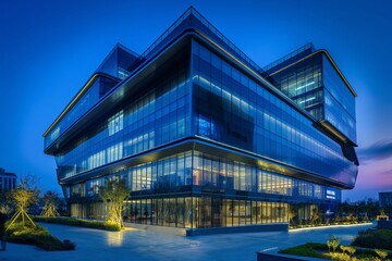 Fototapeta premium Sleek and modern office building with a unique architectural design, featuring glass facades, innovative shapes, and stylish exterior lighting, showcasing contemporary elegance.