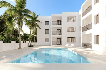 A modern apartment complex featuring a swimming pool, surrounded by palm trees and clear blue skies, creating a serene tropical atmosphere.