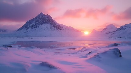Snowy Arctic Sunrise: A Frozen Landscape of Serenity and Majestic Beauty, Winter Horizon: The Glow of Sunrise Illuminates the Arctic Wilderness
