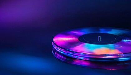 A colorful vinyl record spins against a dark backdrop, illuminated by vibrant purple and blue lights, creating a dynamic and nostalgic atmosphere.