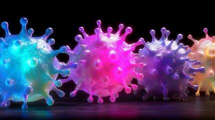 A colorful, artistic representation of virus-like structures, illuminated in vibrant shades, showcasing a modern and digital aesthetic.