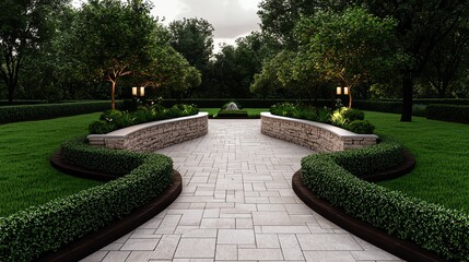 Obraz premium A serene garden path lined with greenery and soft lighting, inviting a peaceful stroll through nature.