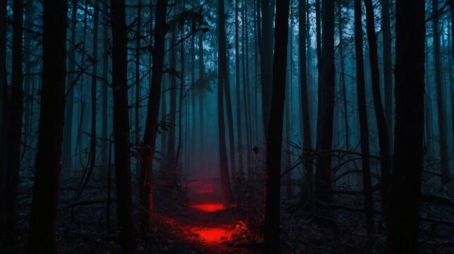 A forest filled with shadowy figures and glowing red eyes.