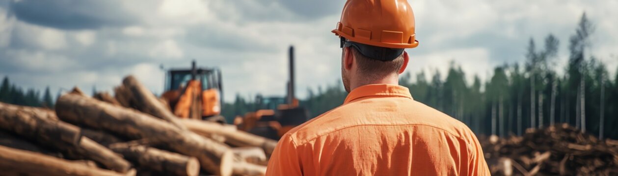 A worker in an orange safety outfit and helmet surveys a logging site filled with stacked logs and machinery against a backdrop of trees and cloudy skies.