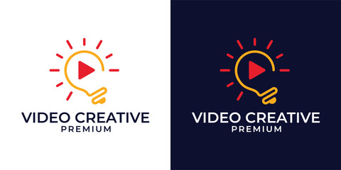 Smart play video with light bulb and play icon logo design concept. Video creative media logo. Vector logo template of light bulb, play, studio, icon, video, audio, music, lamp, modern, creative.