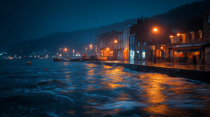 Naklejka premium Charming waterfront at night with glowing street lights and gentle waves. 