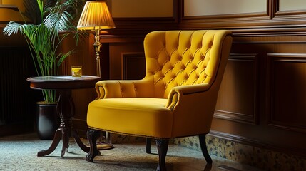 interior yellow armchair table and table lamp on color background isolated furniture