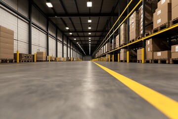 A spacious warehouse interior with neatly stacked boxes on shelves and a clear yellow line guiding the way along the polished concrete floor.