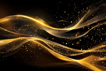 Golden waves of light particles forming abstract flowing patterns, Abstract, swirling golden light or smoke on a black background, Golden abstract wavy liquid background. 
