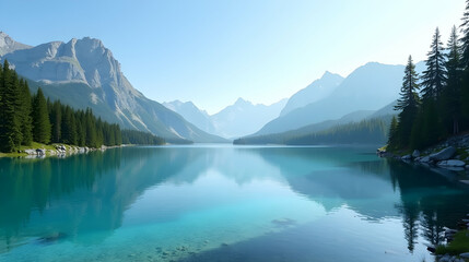 Tranquil mountain lake reflecting majestic peaks under a clear sky.  A serene escape in nature's embrace.