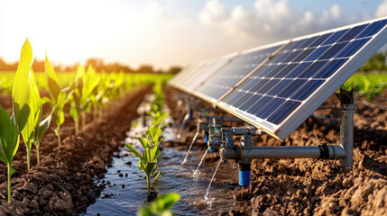 solar powered irrigation system enhances crop growth in rural farming area, utilizing sustainable energy to efficiently water plants. sunlight reflects off solar panels, creating vibrant scene