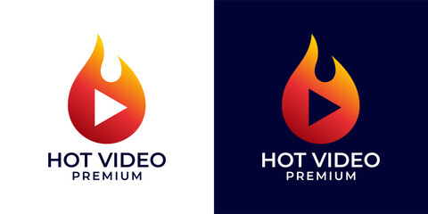 Fire Play logo design template. Fire symbol with play icon logo vector. Media fire play logo. Vector logo template of fire, media, play, music, button, flame, gas, industrial, red, hot, video, audio.