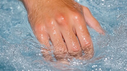 A close-up of a hand submerged in clear water, with ripples and reflections creating a serene and tranquil atmosphere.
