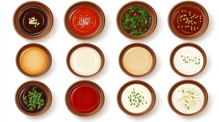  Set of different dip sauces top view. Bowls of many dipping sauces and condiments isolated on white background