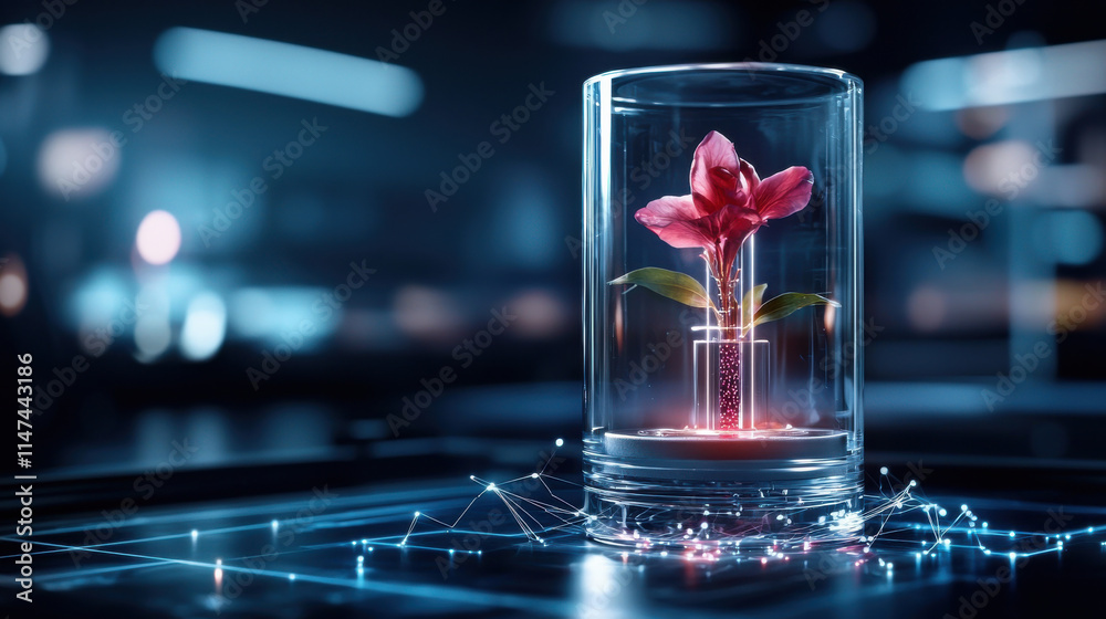 Poster close up of flower vase featuring built in uv light system, showcasing vibrant flower. modern design