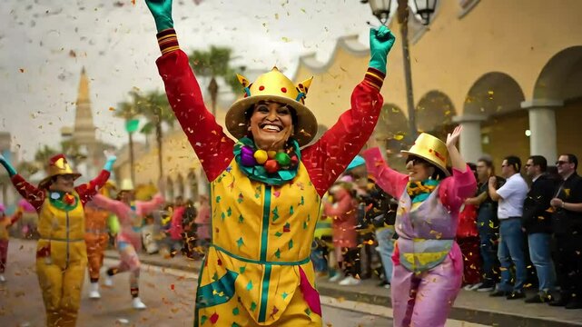 People in Colorful Costumes Dancing in a Festive Parade