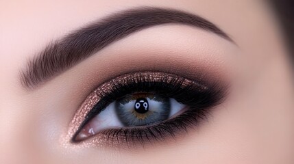 Obraz premium A close-up of a beautifully made-up eye featuring striking eyeliner, shimmering eyeshadow, and well-defined brows, showcasing artistry and elegance.