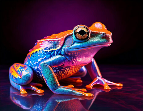 A vibrant multicolored frog sits brightly lit.