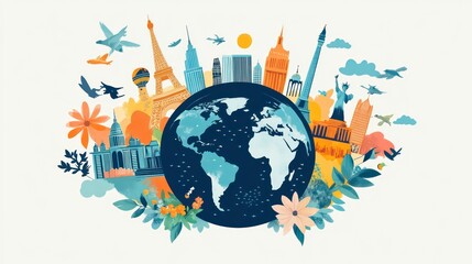 Naklejka premium Globe surrounded by famous landmarks, planes and flowers, representing global travel and tourism.