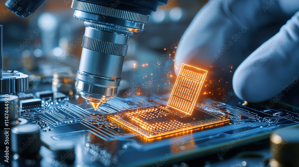 Poster Close up of high tech engineering circuit board with microchip being examined under microscope, showcasing intricate details and glowing elements