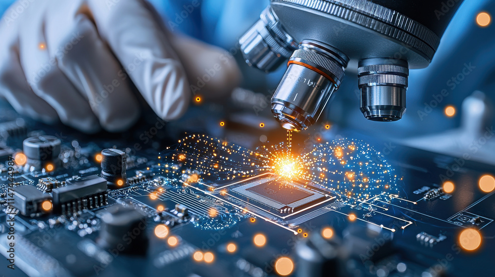 Leinwandbilder close up of high tech engineering circuit board under microscope, showcasing intricate details and g