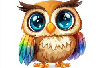 Playful cartoon owl with colorful wings art illustration whimsical style bright background fun concept