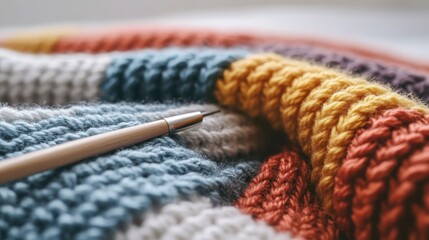 A close-up of a colorful knitted blanket featuring various patterns, with a crochet hook resting on the fabric.