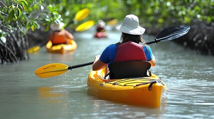 A tranquil kayak trip through the mangroves of the Florida Keys, with paddlers exploring winding waterways surrounded by lush vegetation and native birds. 