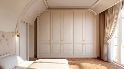 Elegant bedroom with arched ceiling, large wardrobe, and hardwood floor.