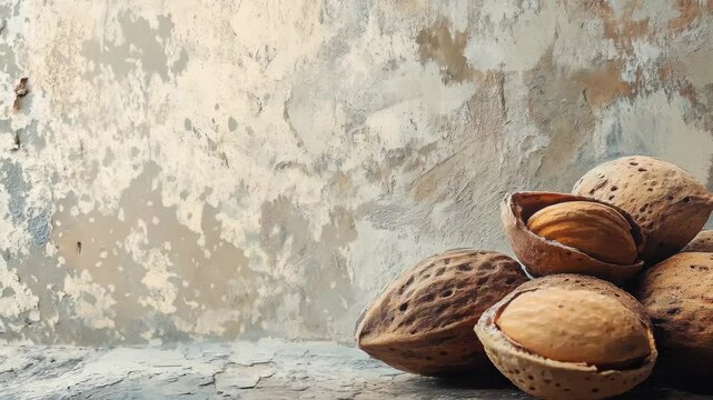 Natural closeup of almonds resting on textured surface showcasing unique shell patterns and colors, Closeup almonds on a background with natural texture, detailed and authentic