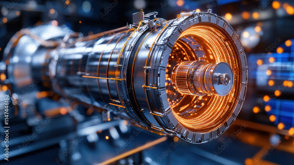 Aufkleber close up of futuristic engine showcasing intricate metallic details and glowing elements, highlighti