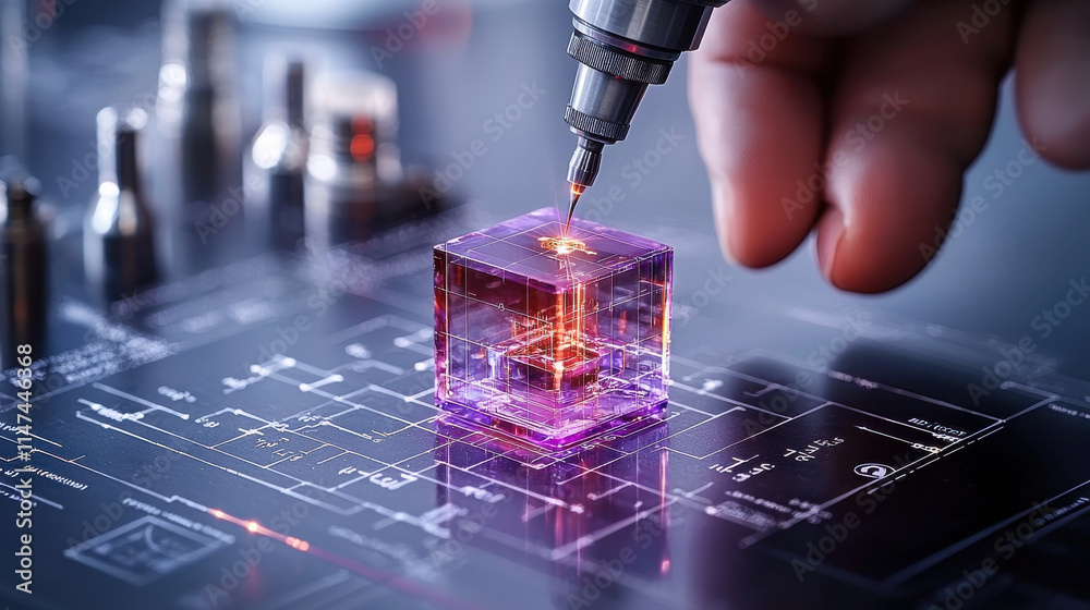 Poster close up of hand using precision tool to manipulate glowing, transparent cube on technical blueprint. scene conveys sense of innovation and advanced technology