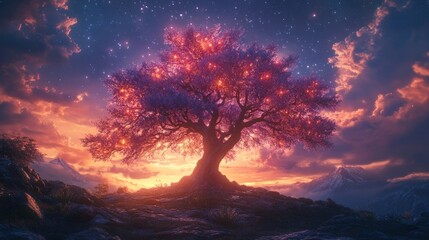 Fototapeta premium Glowing tree, sunset mountains, starry sky.
