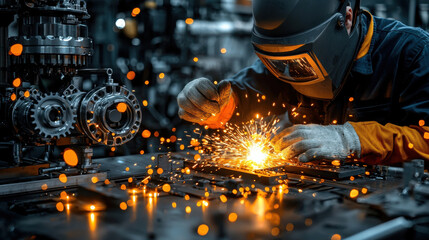 Close up of welder adjusting protective mask while welding, sparks flying in workshop. scene captures intensity and focus of metalworking