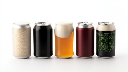A variety of beer cans displayed, showcasing different colors and styles, with a glass of beer featuring a frothy head in the center.