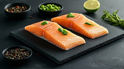 A fresh, vibrant image of raw salmon fillets on a cutting board, their natural sheen emphasized by precise, realistic lighting.