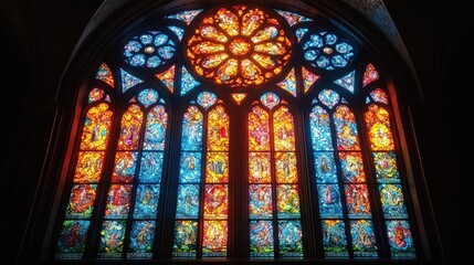Large, colorful stained-glass church window.