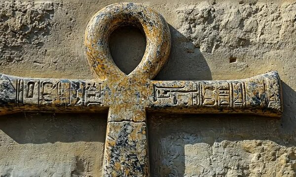 Ancient Egyptian ankh symbol carved into stone wall.