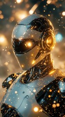 Futuristic robot with glowing features against a dynamic background.