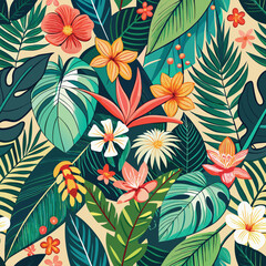 Seamless floral pattern with flowers, leaves, and butterflies, perfect for wallpaper, fabric, or textile designs, capturing the essence of nature in a vintage spring or summer style